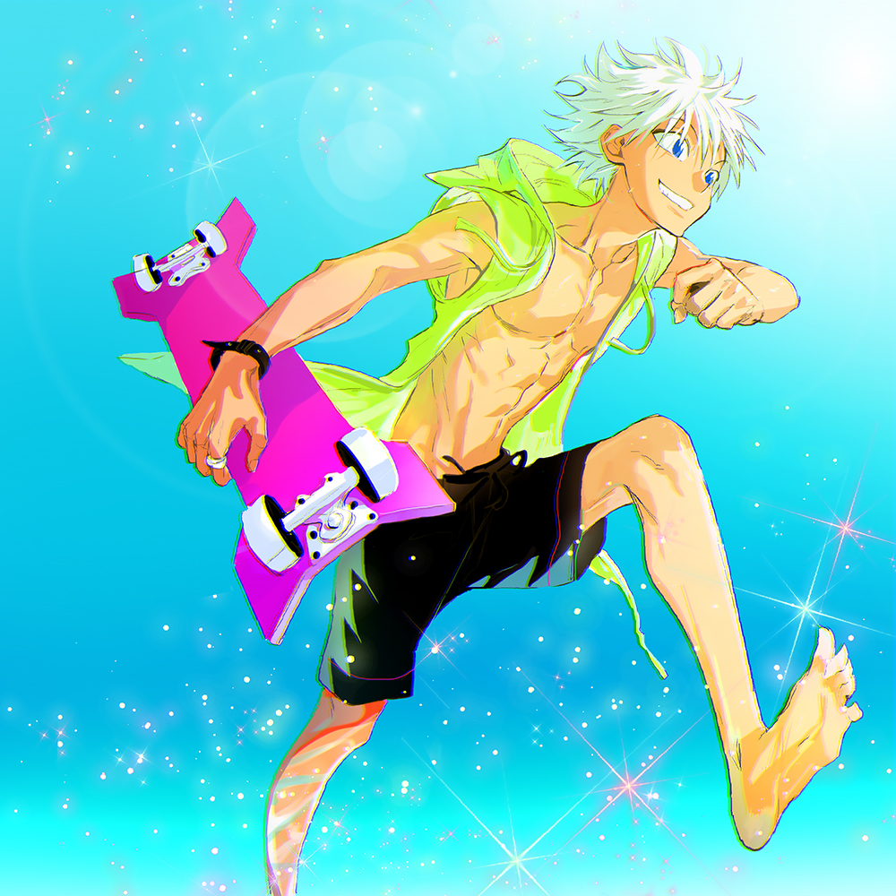 1boy barefoot blue_eyes bracelet grin hunter_x_hunter jacket jewelry killua_zoldyck male_focus male_swimwear muscle open_clothes open_jacket shirtless skateboard sleeveless sleeveless_hoodie smile solo sparkle swim_trunks swimwear white_hair yonsang21