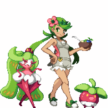 1girl :d bare_arms bare_legs bare_shoulders berries blush bounsweet bowl breasts closed_mouth crown dark_skin eyelashes flower full_body green_eyes green_hair green_shoes hair_flower hair_ornament half-closed_eyes hand_on_hip headband holding holding_bowl legs_crossed long_hair looking_away looking_to_the_side lowres mallow_(pokemon) medium_breasts mini_crown open_mouth overalls pixel_art pokemon pokemon_(creature) pokemon_(game) pokemon_sm red_eyes red_legwear shirokuro_(oyaji) shoes simple_background smile spoon standing thigh-highs tri_tails trial_captain tsareena twintails walking white_background