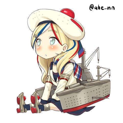 1girl ahenn aircraft_catapult anchor_hair_ornament bangs beret blonde_hair blue_eyes blue_hair commandant_teste_(kantai_collection) crane double-breasted hair_ornament hat jacket kantai_collection long_hair lowres machinery multicolored_hair platform_footwear redhead scarf solo streaked_hair swept_bangs turret white_hair