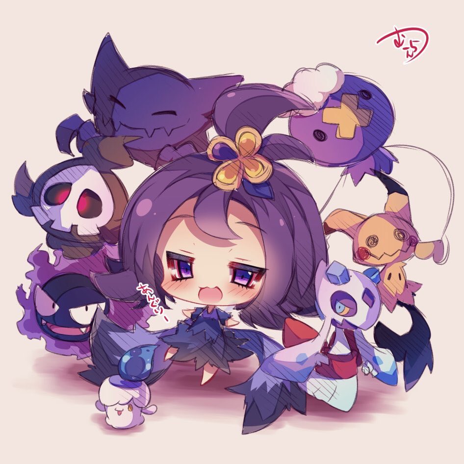 1girl :3 acerola_(pokemon) chibi dress drifloon duskull elite_four froslass gastly hair_ornament half_updo haunter litwick mimikyu_(pokemon) muuran open_mouth pokemon pokemon_(creature) pokemon_(game) pokemon_sm purple_hair short_hair torn_clothes torn_dress violet_eyes