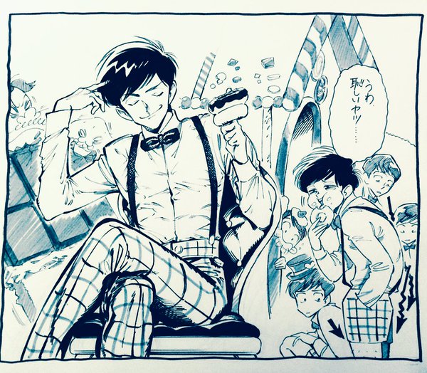 6+boys arrow bangs bow bowtie brothers chocolate_bar closed_eyes cookie dayoon dekapan doughnut eating facial_hair food food_on_face gingerbread_house greyscale hat legs_crossed male_focus matsuno_choromatsu matsuno_ichimatsu matsuno_juushimatsu matsuno_karamatsu matsuno_osomatsu matsuno_todomatsu messy_hair monochrome multiple_boys mustache osomatsu-kun osomatsu-san pants plaid plaid_pants sextuplets shorts siblings suspender_shorts suspenders swept_bangs tarasarami top_hat traditional_media