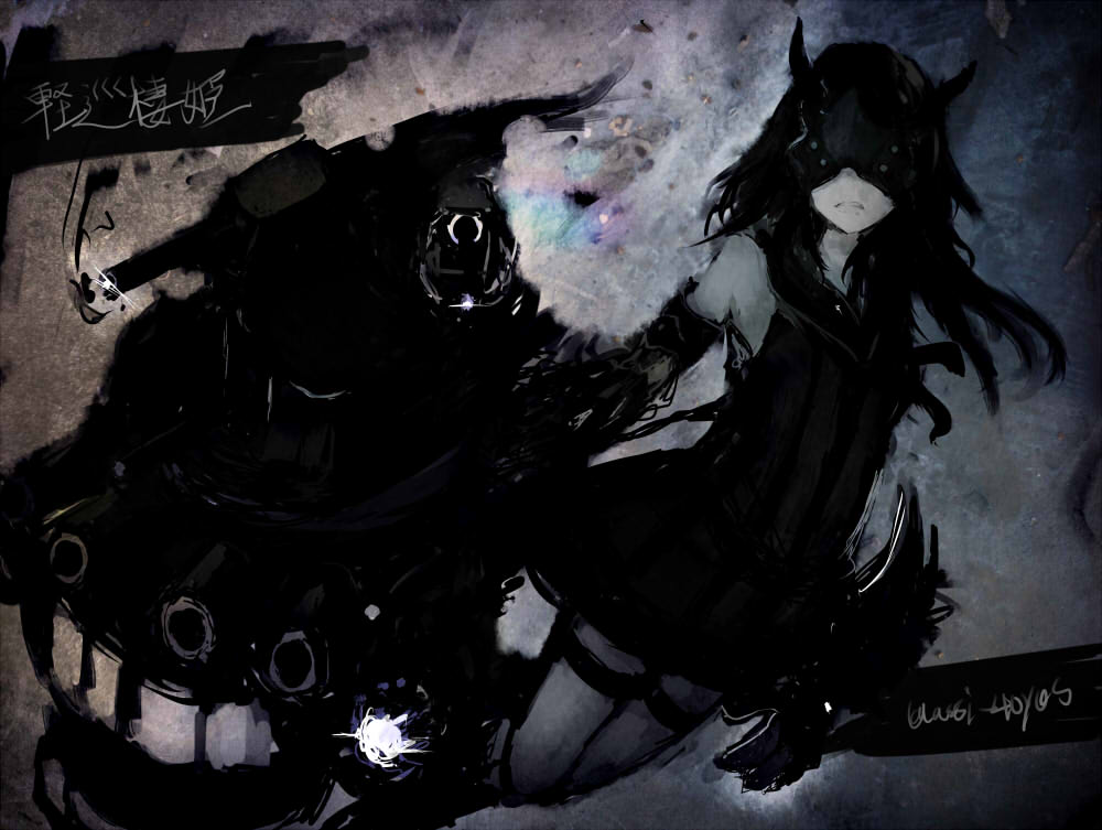 1girl abstract_background assi black_hair boots character_name dark dress faux_traditional_media female gauntlets glowing_gun_barrel gradient gradient_background horns kantai_collection light_cruiser_hime long_hair mask monochrome shinkaisei-kan sketch solo spot_color teeth texture turret twitter_username