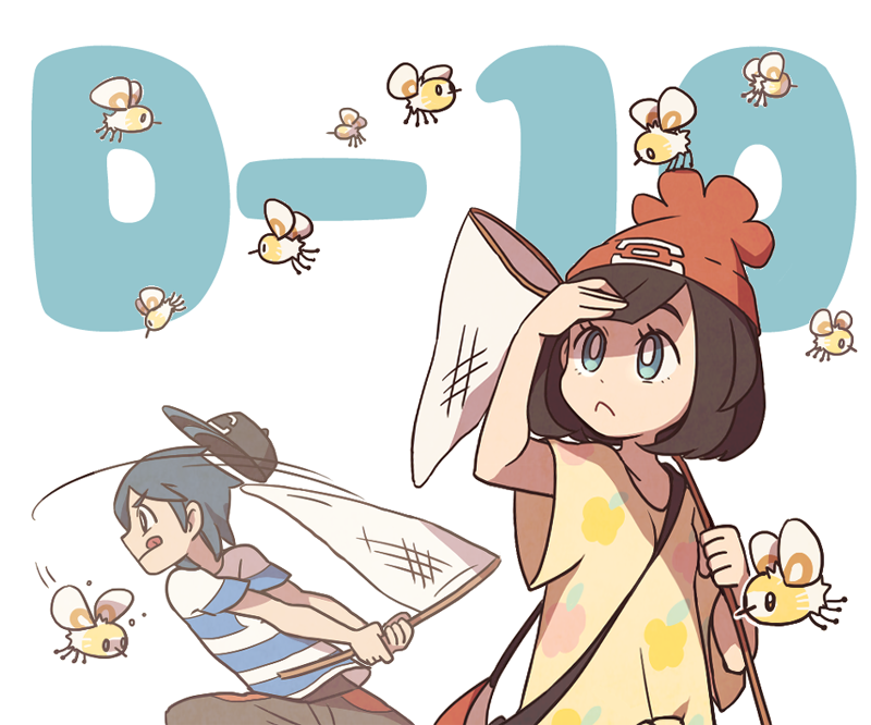 1boy 1girl :q backpack bag bangs baseball_cap beanie black_hair blue_eyes butterfly_net capri_pants countdown cutiefly female_protagonist_(pokemon_sm) floral_print hand_net hat male_protagonist_(pokemon_sm) pants pokemon pokemon_(creature) pokemon_(game) pokemon_sm red_hat shirt short_hair simple_background ssalbulre striped striped_shirt swept_bangs t-shirt tied_shirt tongue tongue_out white_background wide_sleeves