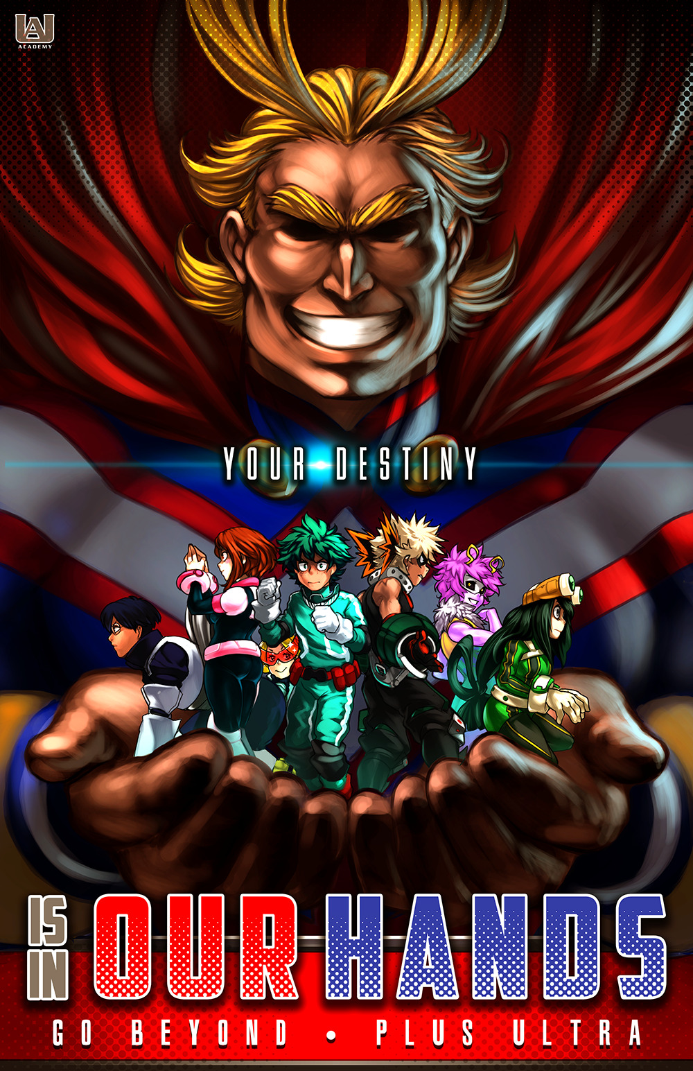 all_might amano-g aoyama_yuuga ashido_mina ass asui_tsuyu bakugou_katsuki black_hair black_sclera blonde_hair bodysuit boku_no_hero_academia cape clenched_hands cupping_hands english freckles gauntlets glasses gloves green_hair grin hair_rings halftone highres iida_tenya long_hair midoriya_izuku pink_hair pink_skin redhead smile squatting uraraka_ochako very_long_hair white_gloves yellow_eyes