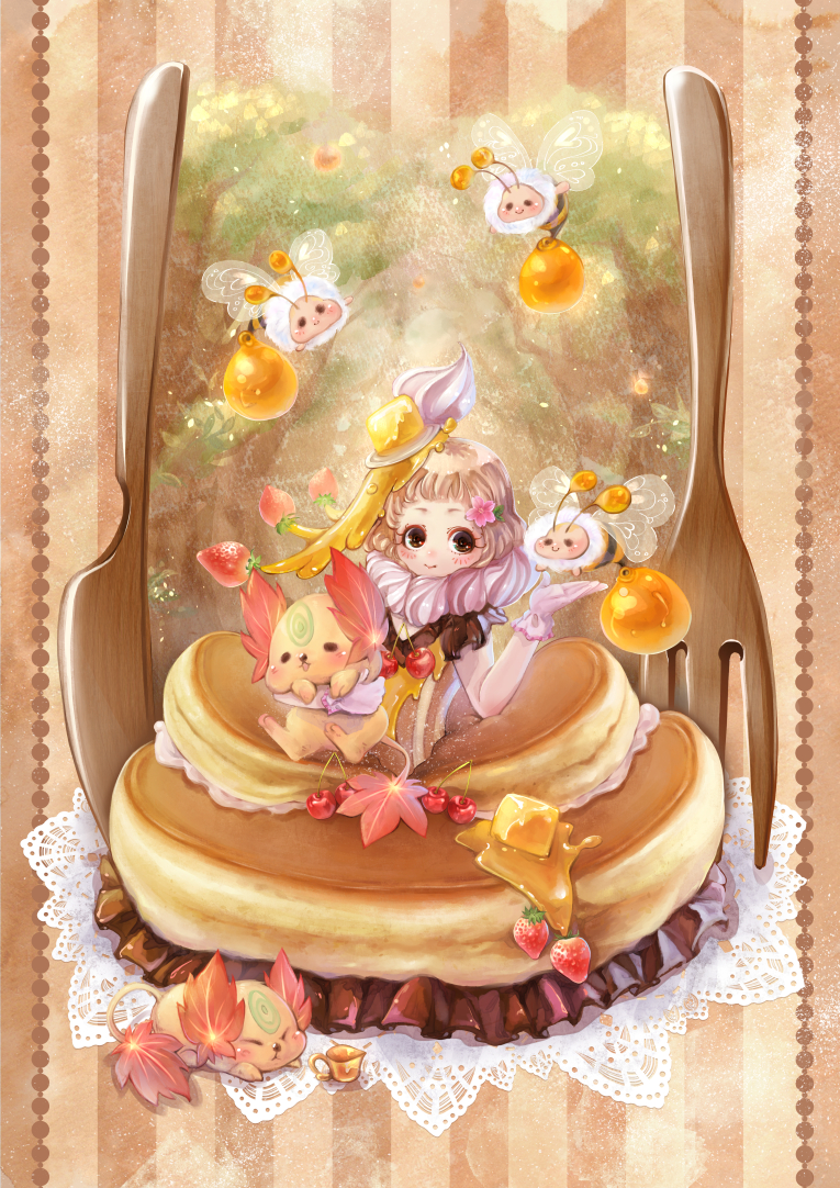 1girl bee black_eyes brown brown_background brown_dress brown_hair butter cherry creature dress flower food food_themed_clothes food_themed_hair_ornament fork frilled_dress frills fruit gloves hair_flower hair_ornament knife leaf looking_at_viewer maple_leaf morinaga_(brand) original pancake personification poko_(mipoko) short_hair smile solo strawberry striped vertical-striped_background vertical_stripes whipped_cream white_gloves