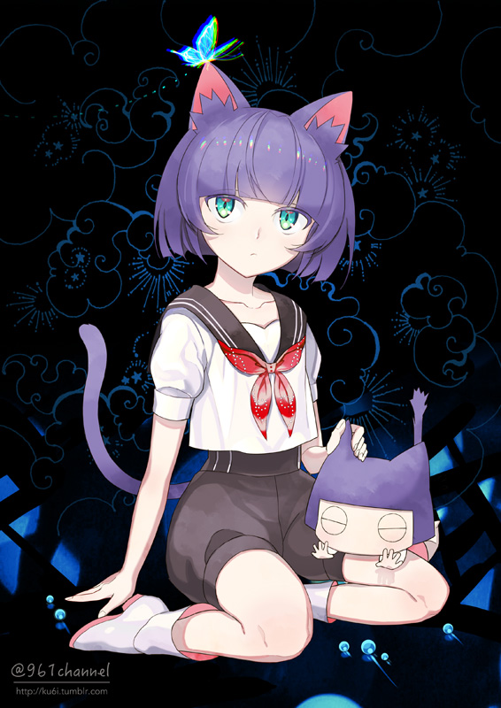 androgynous animal_ears bangs black_background blue_eyes blunt_bangs bob_cut boots butterfly cat_ears cat_tail chibi closed_eyes clouds collarbone eyebrows eyebrows_visible_through_hair full_body glowing green_eyes kuroi kuroinyan looking_away looking_up multicolored_eyes neckerchief original outstretched_arms pixiv_fantasia pixiv_fantasia_new_world purple_hair sailor_collar school_uniform serafuku short_hair short_sleeves sitting tail twitter_username watermark web_address white_boots