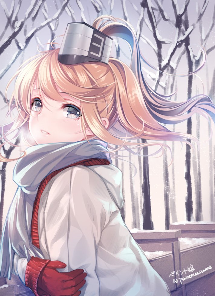 1girl alternate_costume blue_eyes breath brown_hair gloves kantai_collection long_hair parted_lips ponytail red_gloves saratoga_(kantai_collection) scarf side_ponytail signature snow tree twitter_username white_scarf winter_clothes youqiniang