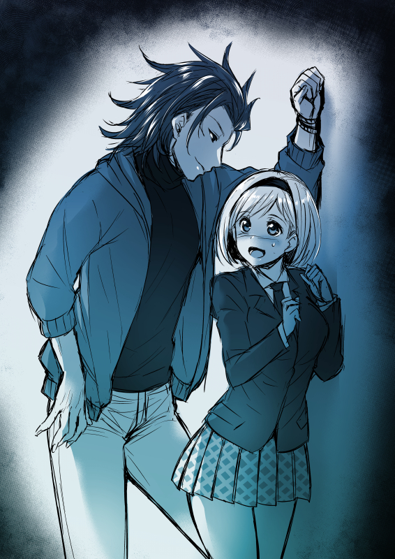 1boy 1girl abe_inori alternate_costume blazer contemporary djeeta_(granblue_fantasy) dress_shirt gradient gradient_background granblue_fantasy hairband height_difference jacket monochrome necktie open_mouth percival_(granblue_fantasy) school_uniform shirt short_hair skirt smile turtleneck uniform white_background