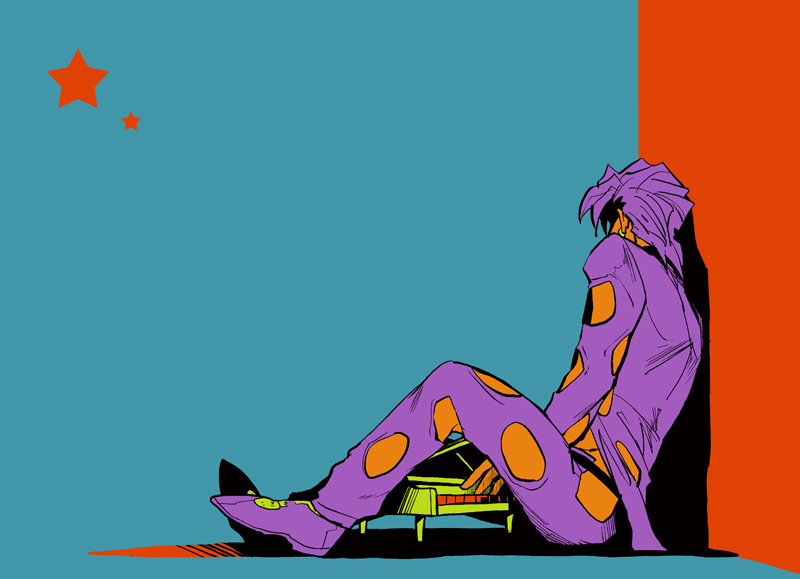 1boy dododo_dadada earrings full_body instrument jewelry jojo_no_kimyou_na_bouken limited_palette male_focus mini_piano music pannacotta_fugo parody peanuts piano playing_instrument purple_hair sitting solo star