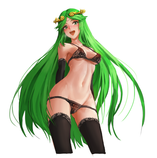 1girl athenawyrm black_bra black_panties bra breasts cleavage green_hair kid_icarus lace lace-trimmed_bra lace-trimmed_panties long_hair looking_at_viewer open_mouth palutena panties solo thigh-highs tiara underwear very_long_hair