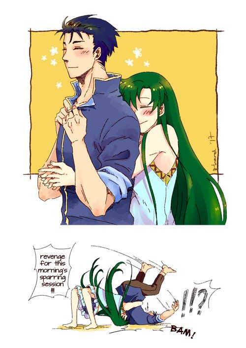 1boy 1girl blue_hair blush closed_eyes comic couple english_commentary english_text fighting fire_emblem fire_emblem:_rekka_no_ken fire_emblem_heroes green_hair hair_down hector hector_(fire_emblem) hetero hug hug_from_behind long_hair lyndis_(fire_emblem) nintendo short_hair smile speech_bubble suplex talking upper_body violence