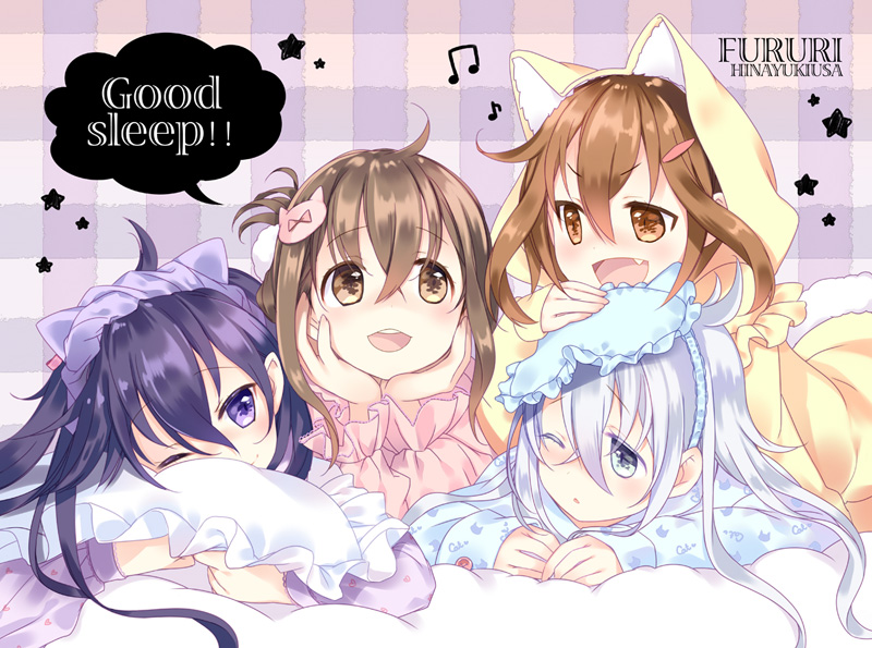 4girls ahoge akatsuki_(kantai_collection) black_hair brown_eyes brown_hair cat_hair_ornament cat_paws chin_rest fang folded_ponytail grey_eyes hair_ornament hairclip hat hibiki_(kantai_collection) hinayuki_usa hooded_pajamas ikazuchi_(kantai_collection) inazuma_(kantai_collection) kantai_collection long_hair multiple_girls musical_note one_eye_closed open_mouth pajamas paws pillow short_hair silver_hair sleepwear smile star verniy_(kantai_collection) violet_eyes