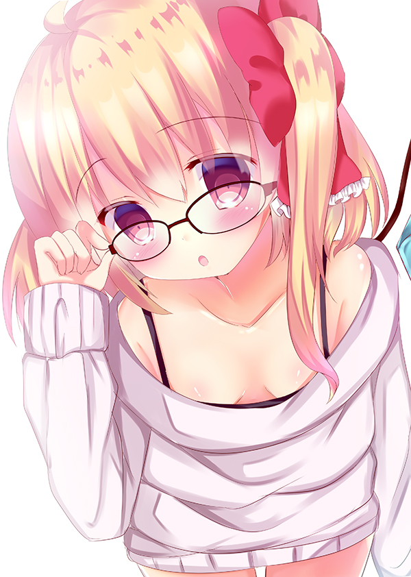 1girl adjusting_glasses alternate_costume arm_at_side bespectacled blonde_hair bow breasts collarbone commentary_request dress eyebrows eyebrows_visible_through_hair eyes_visible_through_hair flandre_scarlet glasses hair_between_eyes hair_bow hair_ribbon leaning_forward looking_at_viewer off-shoulder_sweater red_eyes ribbon rika-tan_(rikatantan) side_ponytail small_breasts sweater sweater_dress thighs touhou vampire