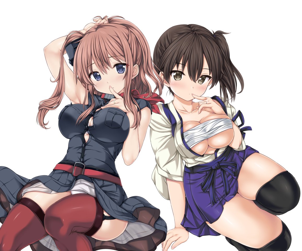 2girls arm_behind_head arm_support bent_knees black_dress black_legwear blue_skirt blush bra breast_pocket breasts breasts_outside brown_hair bursting_breasts commentary_request dress garter_straps hair_between_eyes hakama hakama_skirt hand_on_own_chest impossible_clothes japanese_clothes jitome kaga_(kantai_collection) kantai_collection large_breasts long_hair looking_at_viewer multiple_girls nijimotohiro_k open_clothes red_legwear remodel_(kantai_collection) saratoga_(kantai_collection) short_hair side_ponytail skindentation skirt skirt_set thighs under_boob underwear white_bra