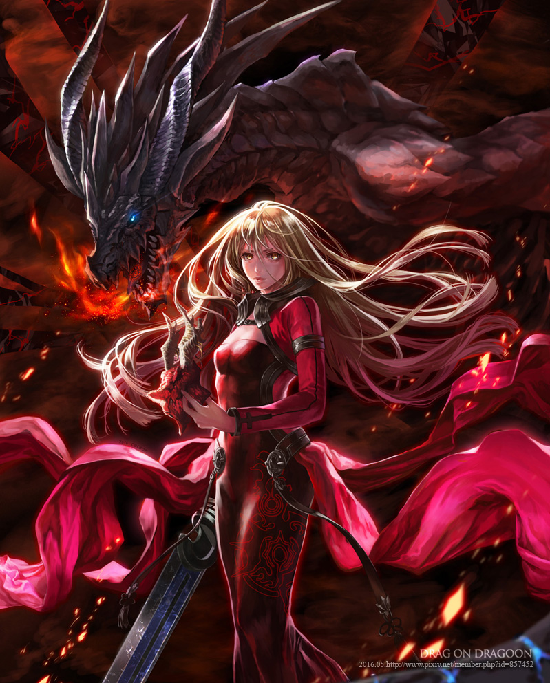 1boy 1girl angel_(drag-on_dragoon) blonde_hair blue_eyes breasts caim cleavage cocoon_(yuming4976) dated drag-on_dragoon drag-on_dragoon_1 dragon dress fire holding_mask horns lips long_hair long_sleeves looking_at_viewer mask personification role_reversal scales strap sword symbol teeth title weapon wind yellow_eyes