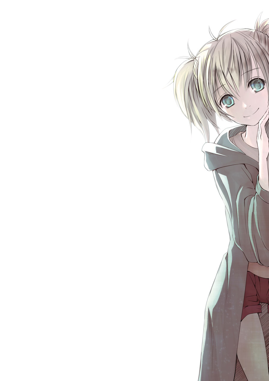 1girl blonde_hair cal_devens choro green_eyes hiding highres looking_at_viewer phantom_of_inferno red_shorts short_hair short_shorts shorts simple_background smile solo twintails white_background