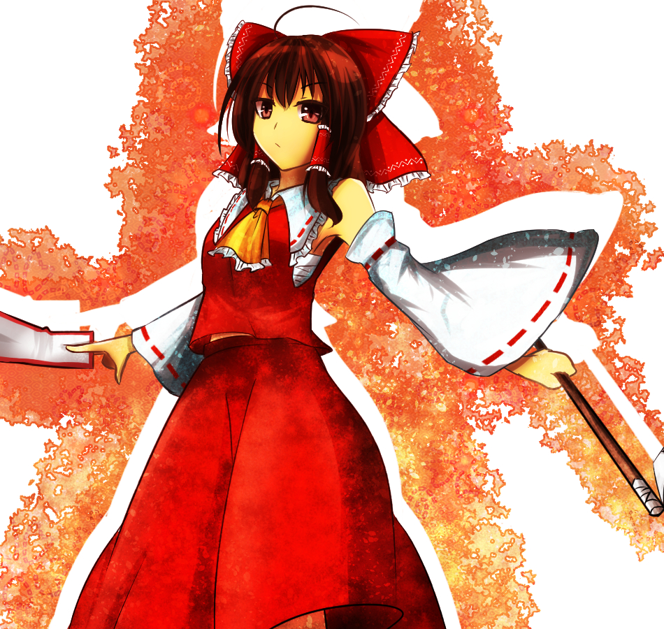 &gt;:/ 1girl ahoge armpits ascot bare_shoulders bow breasts brown_eyes brown_hair closed_mouth cowboy_shot detached_sleeves drop_shadow frilled_shirt_collar frills gohei hair_bow hair_tubes hakurei_reimu japanese_clothes long_sleeves looking_at_viewer miko ofuda outstretched_arms red_bow red_shirt red_skirt ribbon-trimmed_sleeves ribbon_trim sarashi shinyafuru shirt sidelocks skirt skirt_set small_breasts solo spread_arms touhou wide_sleeves