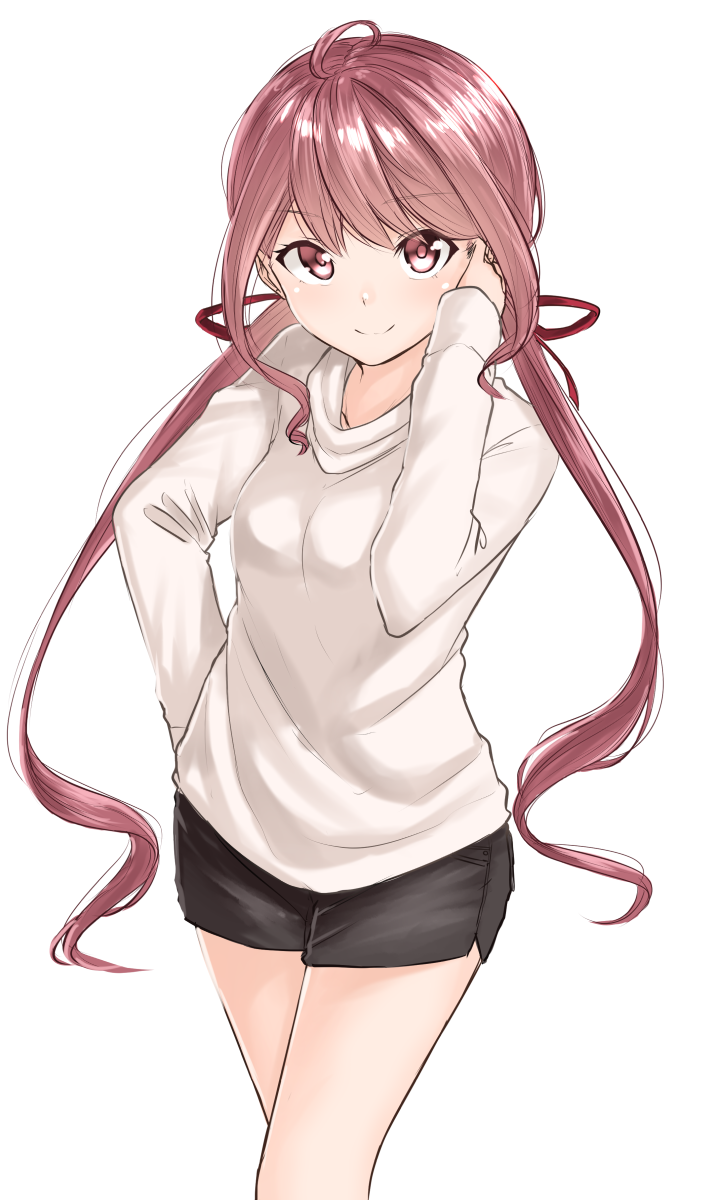1girl ahoge black_shorts hand_on_hip hand_on_own_cheek highres kyoo-kyon_(kyo-kyon) long_hair looking_at_viewer original pink_eyes pink_hair shorts solo standing sweater twintails white_background white_sweater