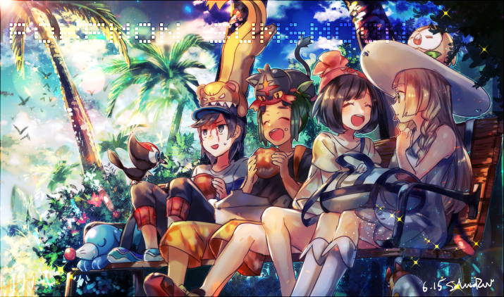 2boys 2girls backpack bag beanie bench bird biting black_hair black_shirt blonde_hair blood blue_sky braid bush capri_pants closed_eyes copyright_name dated dress duffel_bag eating female_protagonist_(pokemon_sm) green_hair grubbin hat hau_(pokemon) kneehighs lillie_(pokemon) litten_(pokemon) long_hair looking_at_another malasada male_protagonist_(pokemon_sm) multiple_boys multiple_girls naru_(andante) palm_tree pants pikipek pokemon pokemon_(game) pokemon_sm popplio rowlet shirt shoes short_hair shorts signature sitting sky smile sneakers striped striped_shirt sun_hat sweatdrop t-shirt topknot tree tree_shade twin_braids white_dress yungoos