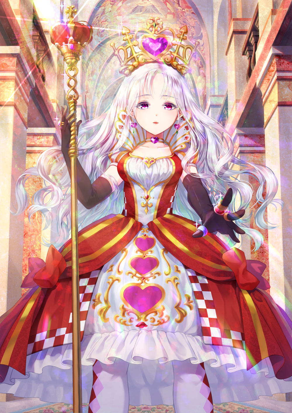 1girl choker crown earrings elbow_gloves gloves heart highres jewelry lavender_hair long_hair looking_at_viewer original queen ring scepter solo staff sugarv violet_eyes
