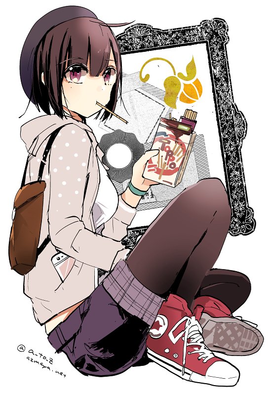 1girl ahoge azuma_aya backpack bag bangs bent_knees cellphone eyebrows eyebrows_visible_through_hair food food_in_mouth hat holding holding_food hood hoodie jpeg_artifacts maroon_eyes maroon_hair original painting_(object) pantyhose parted_bangs phone pocky shoes short_hair shorts sitting smartphone sneakers star twitter_username undershirt white_background wristband