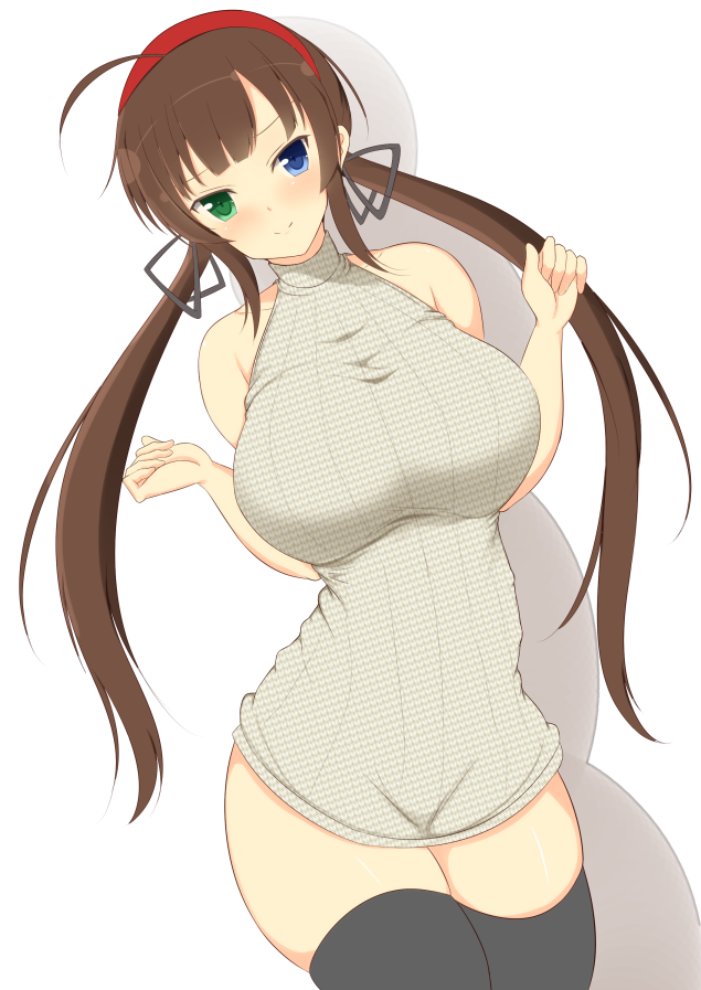 1girl ahoge black_legwear blue_eyes blush breasts brown_hair dress green_eyes hairband heterochromia large_breasts long_hair looking_at_viewer noeomi ryoubi_(senran_kagura) senran_kagura senran_kagura_(series) senran_kagura_shinovi_versus skin_tight smile solo sweater sweater_dress thigh-highs twintails