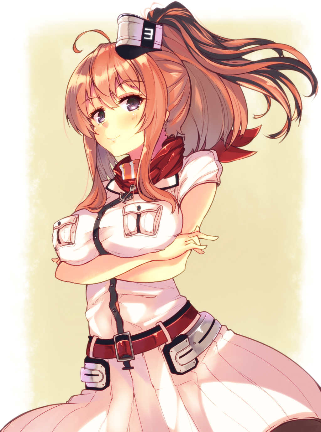 1girl anchor belt breast_hold breast_pocket breasts brown_hair crossed_arms dress grey_eyes hair_between_eyes highres kantai_collection long_hair looking_at_viewer mizuyoukan_(mikususannda) ponytail red_neckerchief saratoga_(kantai_collection) side_ponytail sidelocks smile standing upper_body white_dress