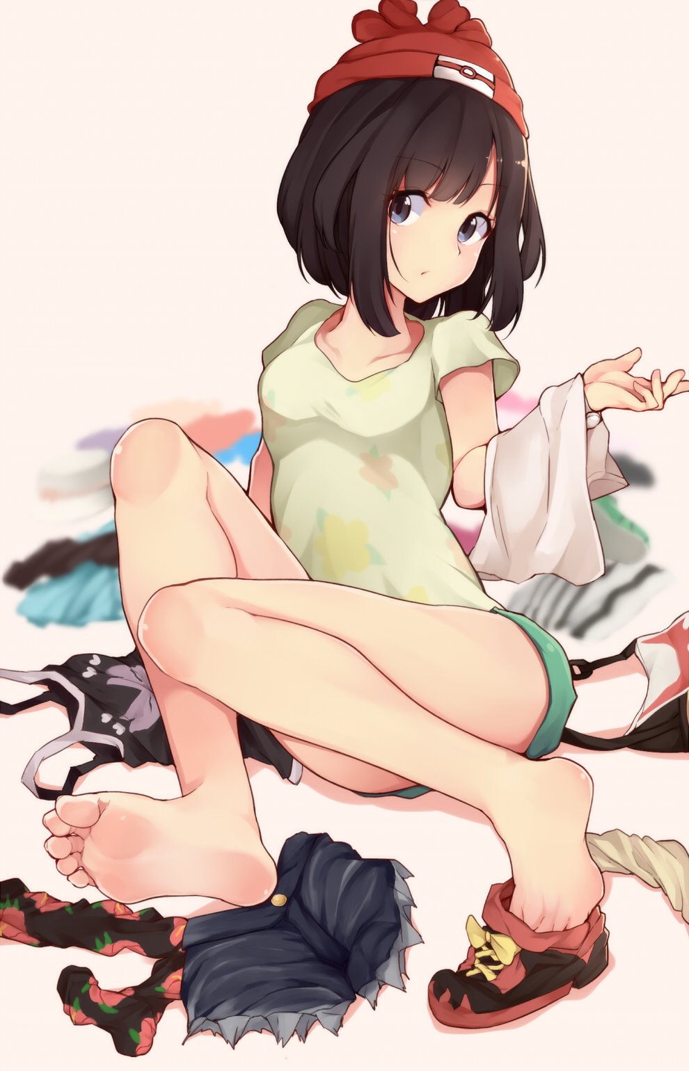 1girl bangs barefoot batatata77 black_hair blue_hair blurry_background clothes clothes_removed feet female_protagonist_(pokemon_sm) floral_print green_shorts hat highres looking_at_viewer pokemon pokemon_(game) pokemon_sm sandals shoes_removed short_hair shorts single_shoe socks soles solo toes white_background