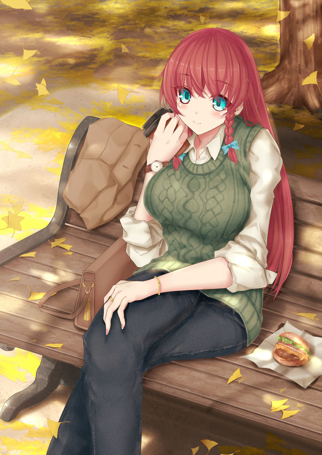1girl alternate_costume bag blue_eyes blush braid breasts casual coffee_cup denim food ginkgo hamburger handbag highres holding hong_meiling jeans large_breasts legs_crossed long_hair no_hat no_headwear pants redhead saraso-ju sitting sitting_on_bench sleeves_rolled_up smile solo sweater_vest touhou tree twin_braids watch