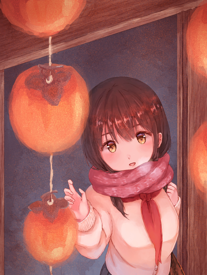 1girl arm_up bangs blush breasts brown_eyes brown_hair cardigan food from_above fruit hair_between_eyes hand_up large_breasts nagidango neckerchief open_mouth original persimmon reaching scarf sliding_doors smile solo