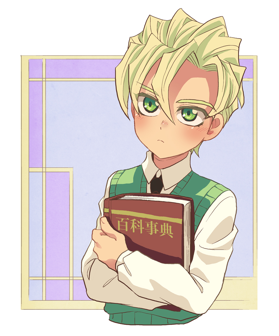 1boy blonde_hair book dododo_dadada eyes_visible_through_hair frown green_eyes holding holding_book jojo_no_kimyou_na_bouken male_focus necktie pannacotta_fugo solo sweater_vest translation_request upper_body younger