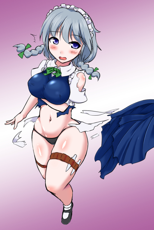 /\/\/\ 1girl blue_eyes blush body_blush braid breasts curvy d: grey_hair izayoi_sakuya knife large_breasts maid_headdress mary_janes navel nisshisshi open_mouth panties shirt shoes skirt socks solo thick_thighs thigh_strap thighs torn_clothes torn_shirt torn_skirt touhou twin_braids wide_hips