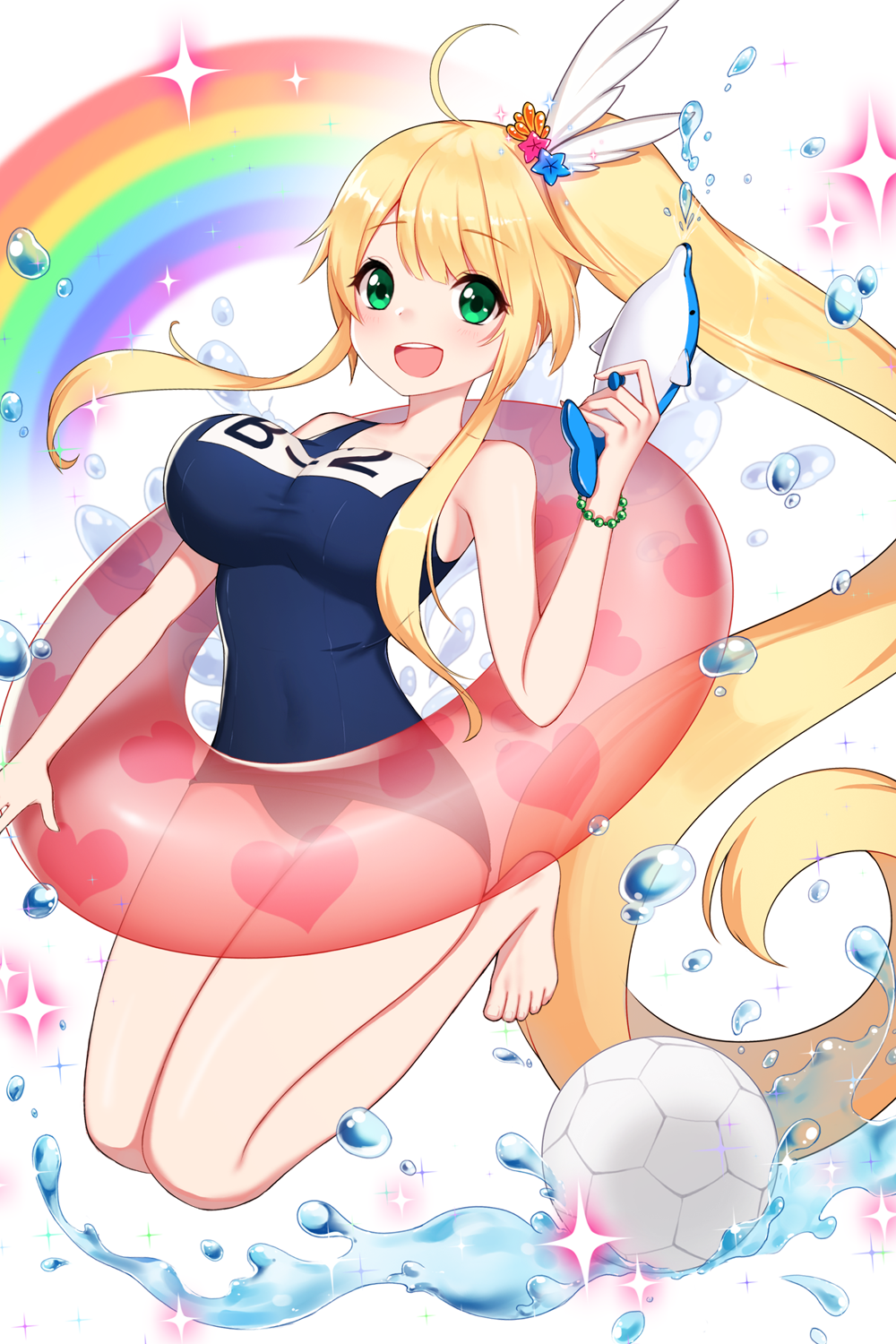 1girl :d ango ball blonde_hair blush breasts green_eyes highres long_hair looking_at_viewer one-piece_swimsuit open_mouth ponytail rainbow school_swimsuit smile soccer_ball soccer_spirits swimsuit very_long_hair water water_gun