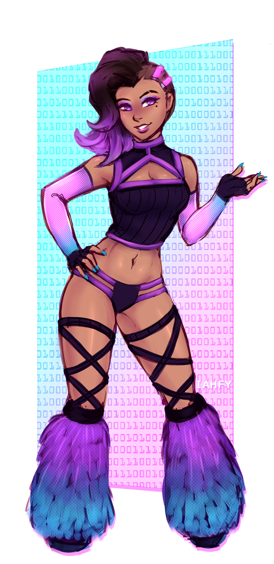 1girl boots breasts cleavage elbow_gloves fur_boots gloves iahfy nail_polish navel overwatch raver revealing_clothes solo sombra_(overwatch) tagme toned