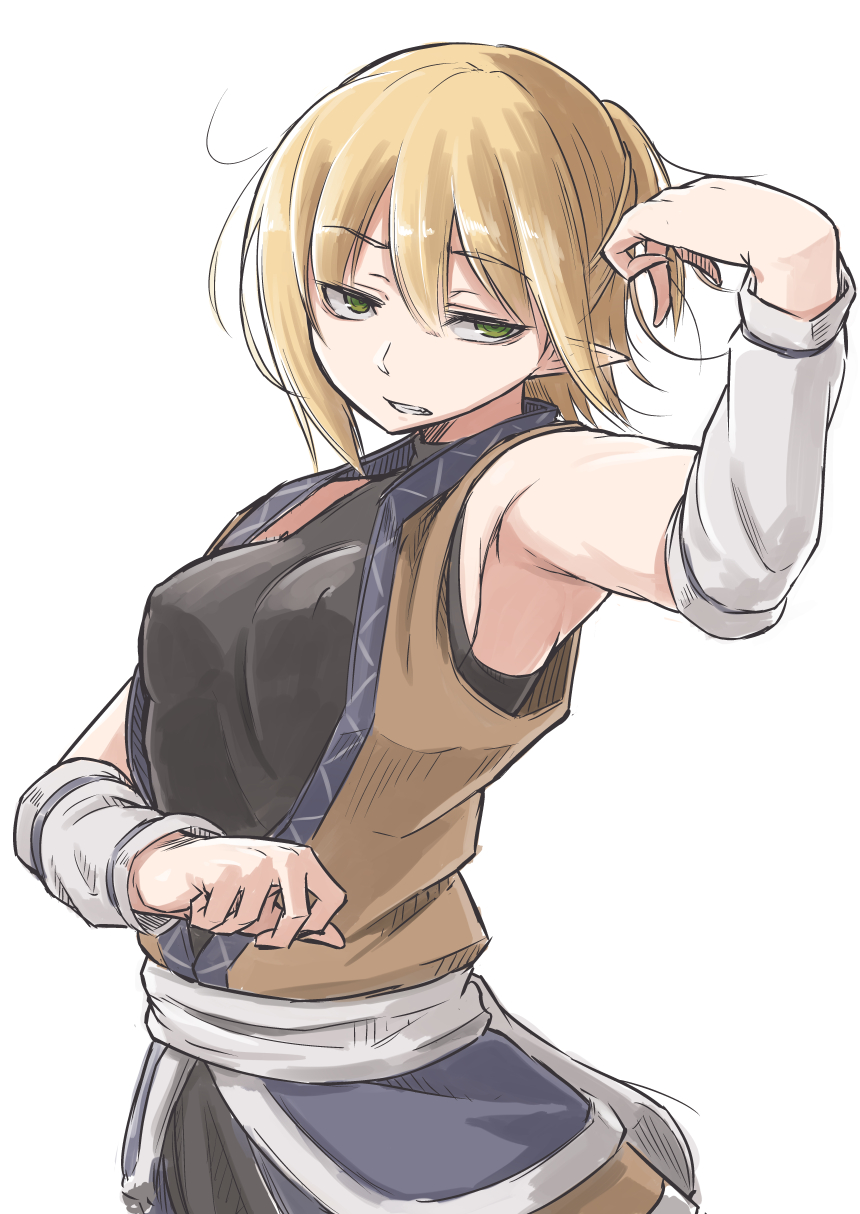 1girl arm_up arm_warmers armpits bangs blonde_hair clenched_teeth erect_nipples eyes_visible_through_hair green_eyes grimace hair_between_eyes half_updo highres looking_at_viewer m92fs mizuhashi_parsee parted_lips pointy_ears short_hair simple_background sleeveless solo teeth touhou white_background