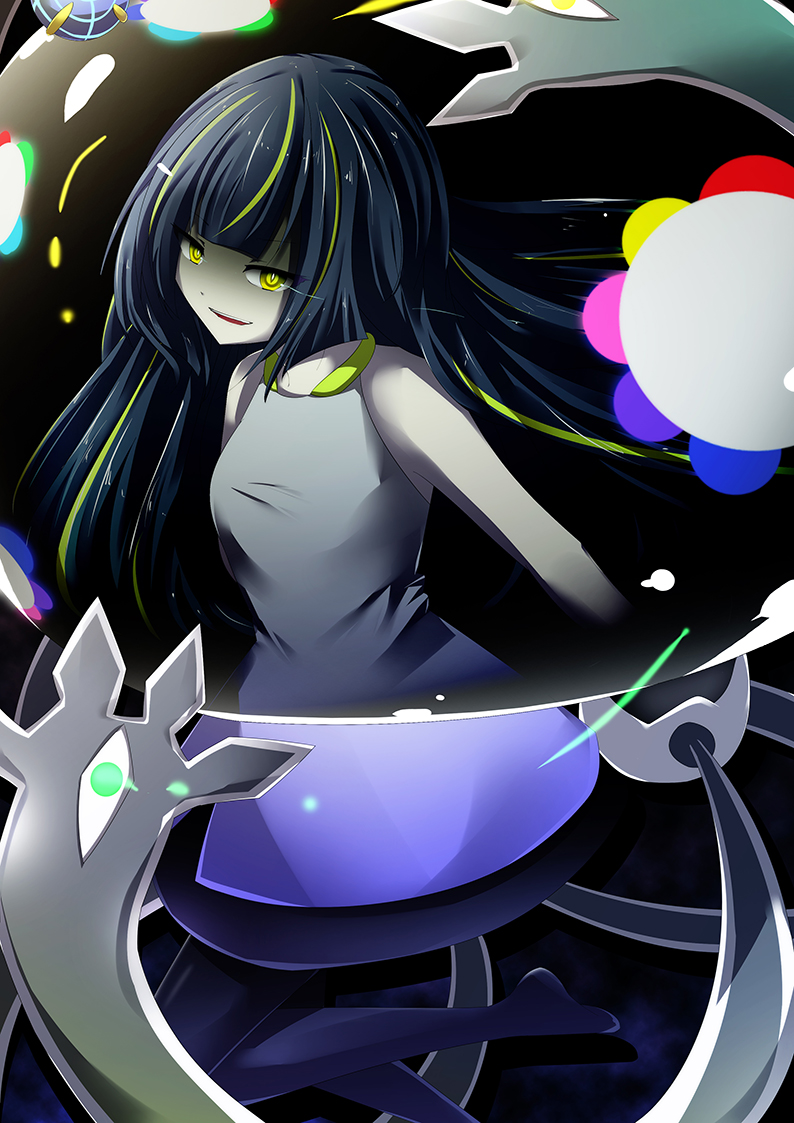 1girl bangs bare_arms bare_shoulders beast_ball black_hair bright_pupils dress eyes fusion glowing glowing_eye green_eyes green_hair jellyfish long_hair looking_at_viewer lusamine_(pokemon) matching_hair/eyes monster_girl multicolored_hair nihilego open_mouth pantyhose poke_ball pokemon pokemon_(game) pokemon_sm purple_legwear short_dress sleeveless sleeveless_dress smile solo spoilers streaked_hair tentacle ultra_beast very_long_hair vier yellow_eyes