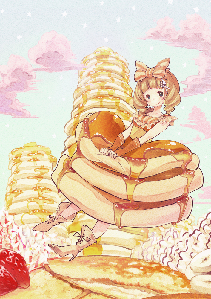 1girl aronia banana_slice bow brown_gloves brown_hair fingerless_gloves food food_themed_clothes fork frills fruit gloves green_eyes hair_bow hair_ornament knife looking_at_viewer morinaga_(brand) orange_bow original pancake personification shoes short_hair smile solo stack_of_pancakes strawberry striped striped_bow whipped_cream