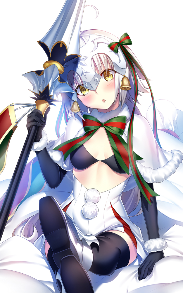 1girl :o bell black_bikini_top black_gloves black_legwear blonde_hair blush capelet elbow_gloves fate/grand_order fate_(series) fur_trim gloves hair_ribbon headpiece heirou high_heels holding holding_weapon jeanne_alter jeanne_alter_(santa_lily)_(fate) long_hair looking_at_viewer open_mouth ribbon ruler_(fate/apocrypha) sitting solo thigh-highs weapon yellow_eyes younger