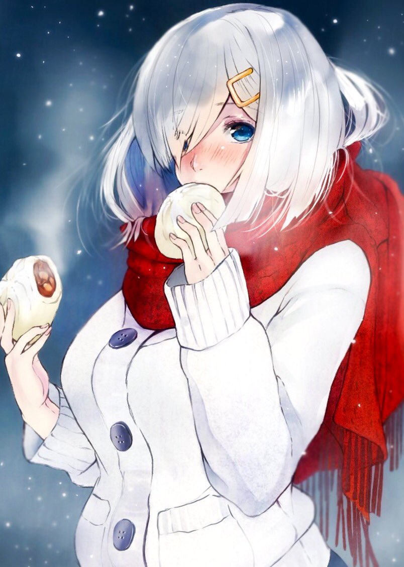1girl alternate_costume blue_eyes blue_skirt blush buttons cold eyebrows eyebrows_visible_through_hair food food_in_mouth hair_ornament hairclip hamakaze_(kantai_collection) jacket kantai_collection long_sleeves looking_at_viewer magai_akashi night night_sky one_eye_closed red_scarf scarf shiny shiny_hair short_hair silver_hair skirt sky sleeves_past_wrists solo white_jacket