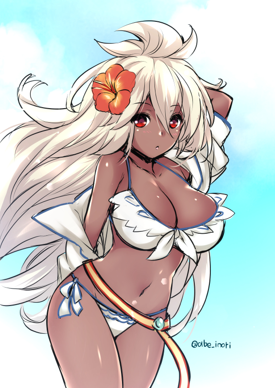 1girl abe_inori arm_up bikini blonde_hair breasts cleavage dark_skin flower granblue_fantasy hair_flower hair_ornament hibiscus large_breasts long_hair looking_at_viewer navel red_eyes solo swimsuit the_order_grande twitter_username