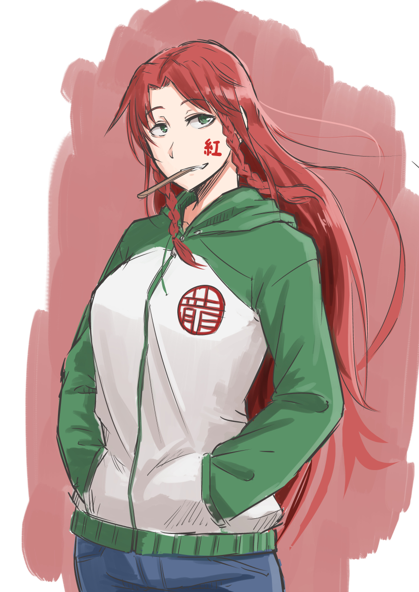 1girl alternate_costume braid contemporary eyebrows eyebrows_visible_through_hair facepaint green_eyes grin hands_in_pockets highres hong_meiling hood hooded_jacket jacket long_hair long_sleeves looking_at_viewer m92fs mouth_hold pants redhead smile solo standing touhou twin_braids upper_body zipper