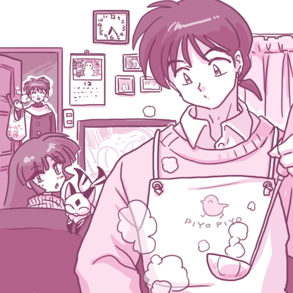 1girl 2boys ^_^ analog_clock apron bag bangs bird_print blush breath brother_and_sister calendar_(object) cameo character_print chestnut_mouth clock closed_eyes collared_shirt contemporary cookie creator_connection curtains dress_shirt earrings eyebrows eyebrows_visible_through_hair food frame freckles gakuran holding indoors inuyasha inuyasha_(character) jaken jewelry kirara_(inuyasha) kohaku_(inuyasha) living_room long_hair long_sleeves looking_at_viewer low_ponytail maison_ikkoku miroku_(inuyasha) monochrome multiple_boys o3o open_door photo_(object) plastic_bag print_apron red sango scarf school_uniform shippou_(inuyasha) shirt shopping_bag siblings sidelocks sketch smile steam sweater television wall wantan-orz