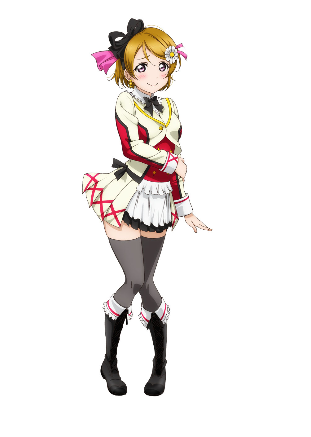 1girl blush boots bow bowtie brown_hair earrings flower frills full_body grey_legwear hair_flower hair_ornament highres jacket jewelry knee_boots koizumi_hanayo looking_at_viewer love_live! love_live!_school_idol_festival love_live!_school_idol_project pleated_skirt ribbon simple_background skirt smile standing thigh-highs violet_eyes white_background zettai_ryouiki