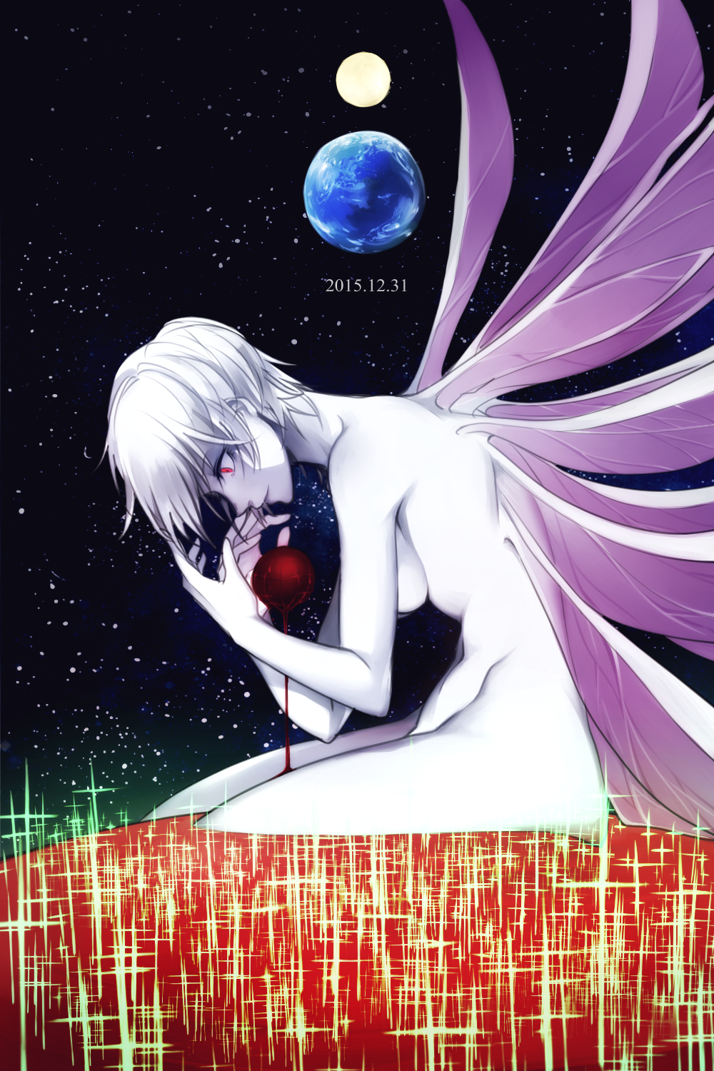 1girl ayanami_rei breasts dated earth end_of_evangelion from_side highres lilith_(ayanami_rei) medium_breasts multiple_wings navel neon_genesis_evangelion nude partially_submerged red_eyes sahra3721 short_hair sideboob solo space star_(sky) sun white_hair white_skin wings