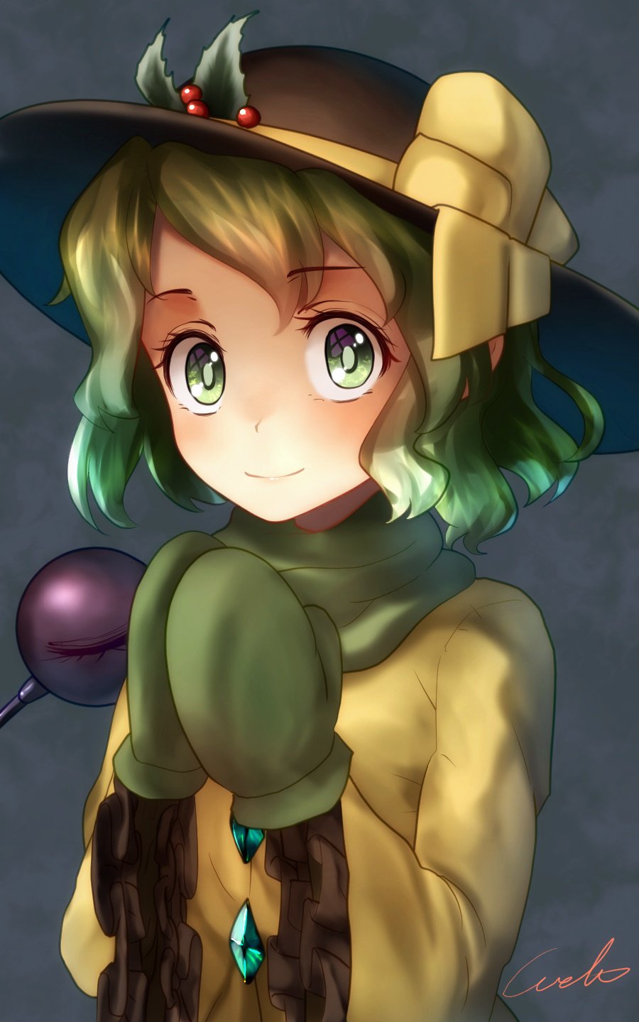 1girl buttons closed_mouth eyebrows_visible_through_hair eyelashes flower frilled_sleeves frills gloves green_eyes green_gloves green_hair green_scarf green_shirt hands_together hands_up hat hat_flower hat_ribbon highres komeiji_koishi long_sleeves looking_at_viewer matching_hair/eyes mittens ribbon scarf shirt short_hair signature smile solo string third_eye touhou u-eruto upper_body wide_sleeves yellow_ribbon