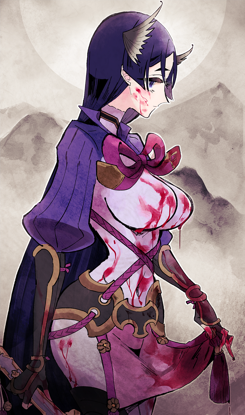 1girl bangs black_gloves blood blood_on_face blood_stain bloody_clothes bodysuit breasts cowboy_shot fate/grand_order fate_(series) fingerless_gloves from_side gloves highres holding large_breasts loincloth long_hair minamoto_no_raikou_(fate/grand_order) parted_bangs purple_bodysuit purple_hair ribbed_sleeves rope solo very_long_hair violet_eyes yorunokonbini