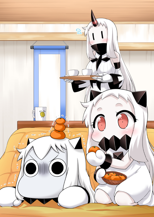 (o)_(o) 2girls blush carrying claws commentary_request covered_mouth cup detached_sleeves dress flying_sweatdrops food food_on_head fruit fruit_on_head hanging_scroll holding horn horns kantai_collection kotatsu long_hair mandarin_orange mittens moomin moomintroll mug multiple_girls muppo northern_ocean_hime object_on_head red_eyes scroll seaport_hime seiza shinkaisei-kan sitting table teacup tray trembling white_dress white_hair white_skin yamato_nadeshiko |_|