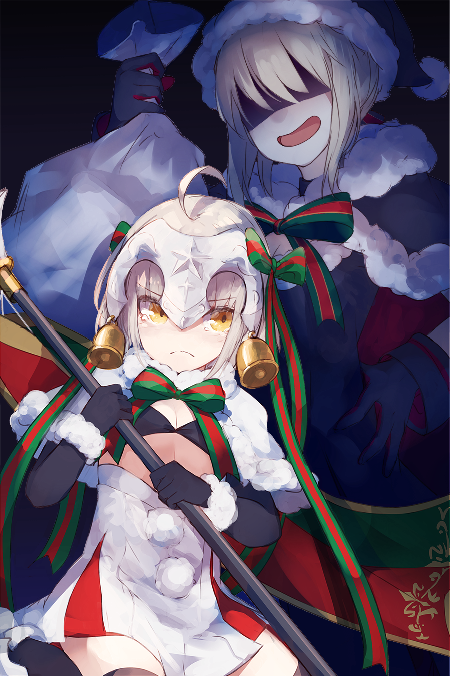 &gt;:( 2girls ahoge bag bell bikini_top black_gloves blonde_hair capelet christmas dark_background dress elbow_gloves evil_smile faceless faceless_female fate/grand_order fate_(series) frown fur_trim gloves hat headpiece highres holding holding_bag holding_weapon jeanne_alter jeanne_alter_(santa_lily)_(fate) multiple_girls open_mouth polearm pom_pom_(clothes) ribbon roll_okashi ruler_(fate/apocrypha) saber saber_alter santa_alter santa_hat shaded_face short_hair skirt smile spear star tears wavy_mouth weapon yellow_eyes