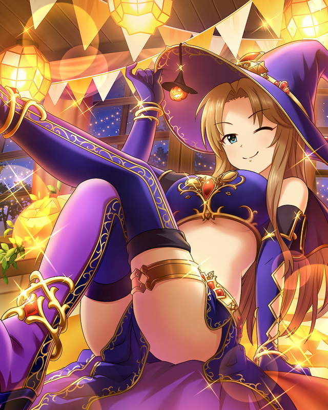 1girl adjusting_clothes adjusting_hat anklet blue_eyes bracelet breasts brown_hair elbow_gloves gloves hat idolmaster idolmaster_cinderella_girls jack-o'-lantern jewelry long_hair matsumoto_sarina midriff official_art one_eye_closed solo thigh-highs under_boob witch_hat