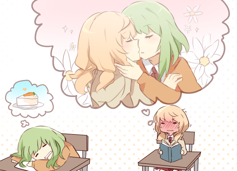 2girls blonde_hair blush book cake carrot chair closed_eyes closed_mouth collared_shirt desk emblem flower food full-face_blush gradient gradient_background green_hair gumi halftone halftone_background heart holding holding_book hood hoodie iede_no_shounen_to_maigo_shoujo incipient_kiss kagamine_rin long_hair long_sleeves multiple_girls necktie open_book orange_sweater paper parted_lips plate red_necktie school_desk shirt sitting sketch slice_of_cake sweater tensei_shoujo_to_tensei_shounen thought_bubble trembling vocaloid wavy_mouth white_shirt wing_collar yunare yuri zipper